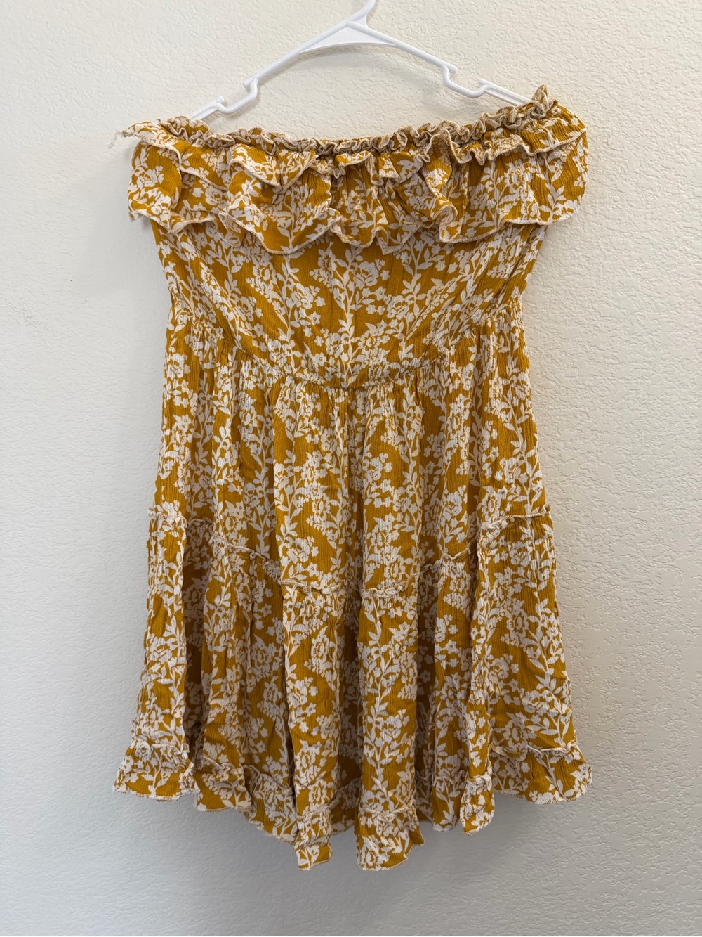 Simplee Apparel Mustard Yellow and White Strapless Ruffled Sundress